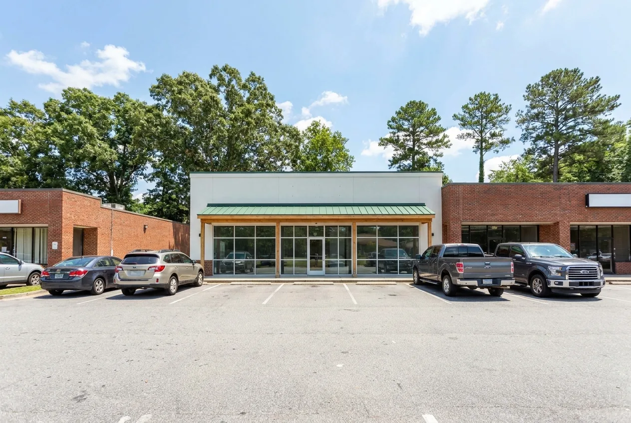 A clean modern hemp storefront on a suburban Morrisville commercial strip with cars parked in the lot at midday