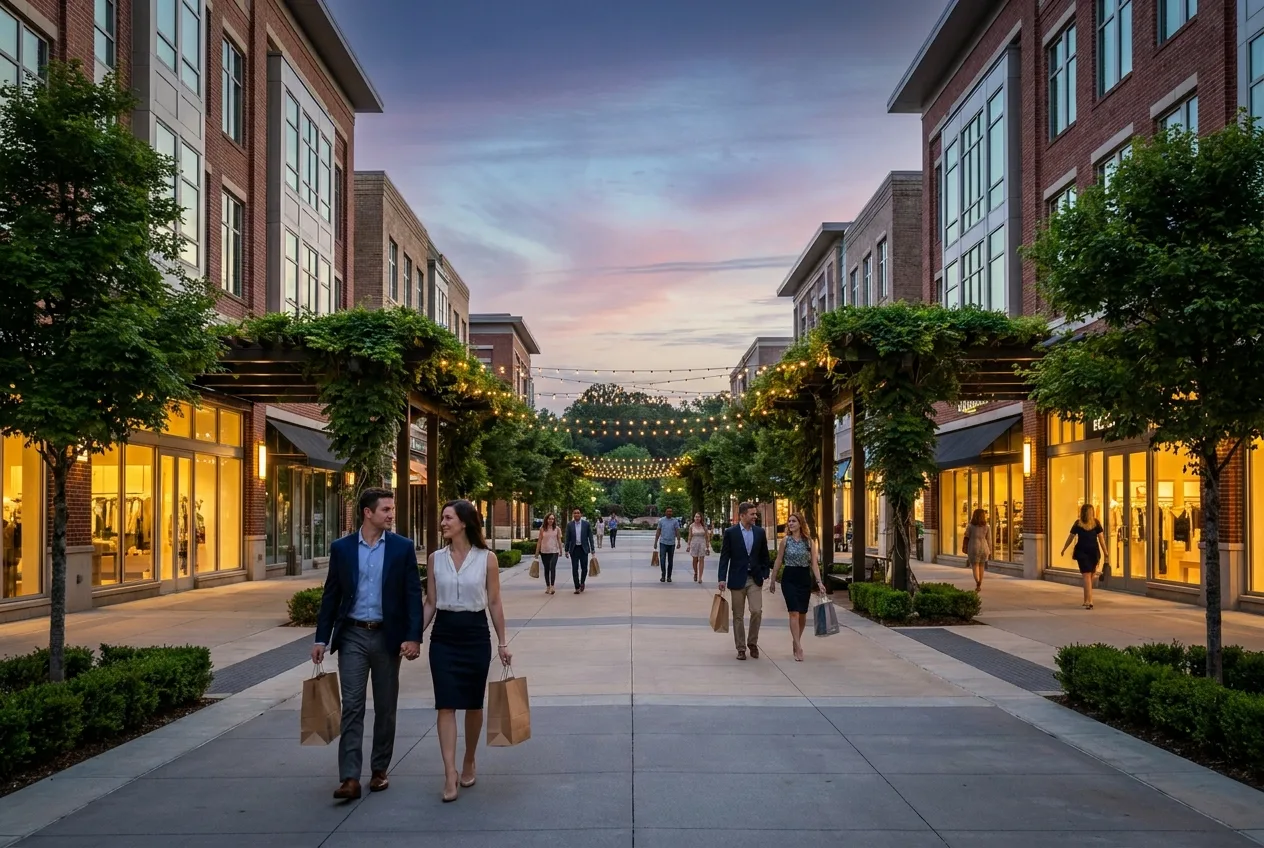 A modern mixed-use retail district in Cary at dusk with warm window lights and professional shoppers