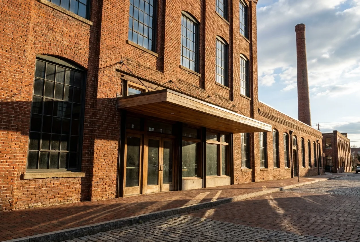 Historic American Tobacco Campus brick warehouse with a converted ground-floor storefront in downtown Durham