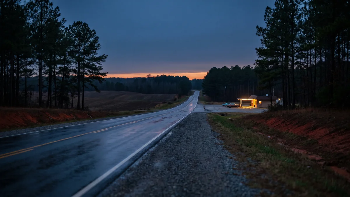 Long straight two-lane highway running through rolling Piedmont pine country at dusk, a single modest independent roadside storefront glowing with warm interior light far ahead on the right, wet asphalt, deep indigo sky