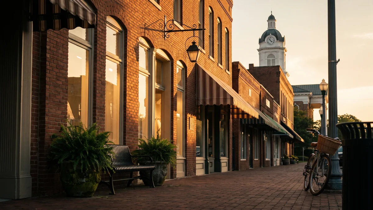 Small Southern county-seat street at golden hour, low brick storefronts with tall display windows lit warmly from inside, a wide swept sidewalk with a cast-iron bench and planters, a historic courthouse cupola visible down the block