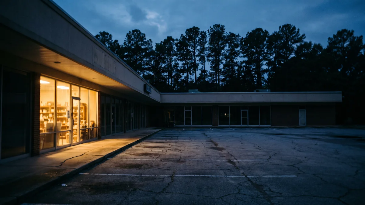 Quiet suburban commercial strip at dusk in the American South, a modest independent hemp shop with warm interior lighting visible through the front glass, empty parking spaces in the foreground, pine trees along the back property line