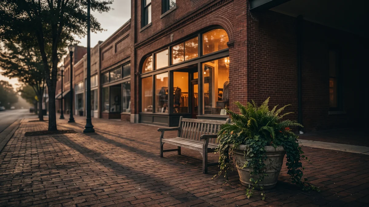 Restored small-town Main Street storefront in the American South at golden hour, brick facade with large display windows and warm light inside, wide sidewalk with a bench and planter, low-rise historic buildings receding down the block