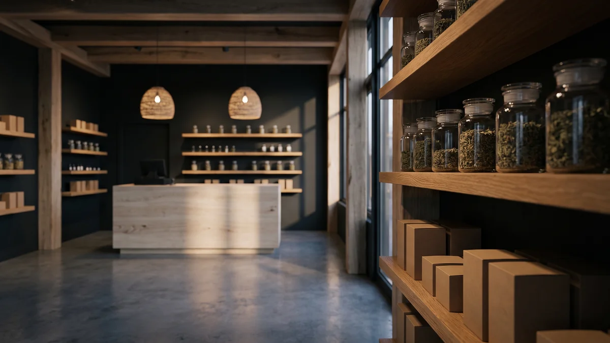 Interior of a small modern hemp retail shop, clean wood shelving with glass jars and labeled product boxes, soft overhead lighting, a simple checkout counter, no people and no readable text on packaging
