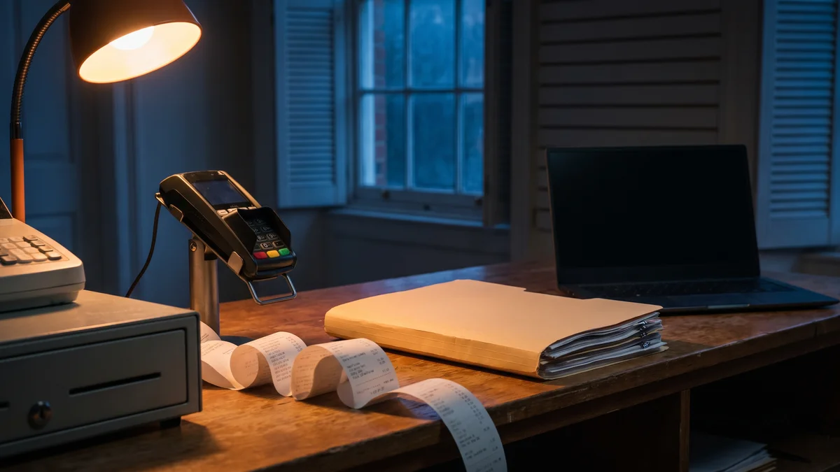 A small hemp retail counter at closing time with a card terminal, a receipt printer, a locked cash drawer, and a folder of printed lab reports stacked beside a laptop