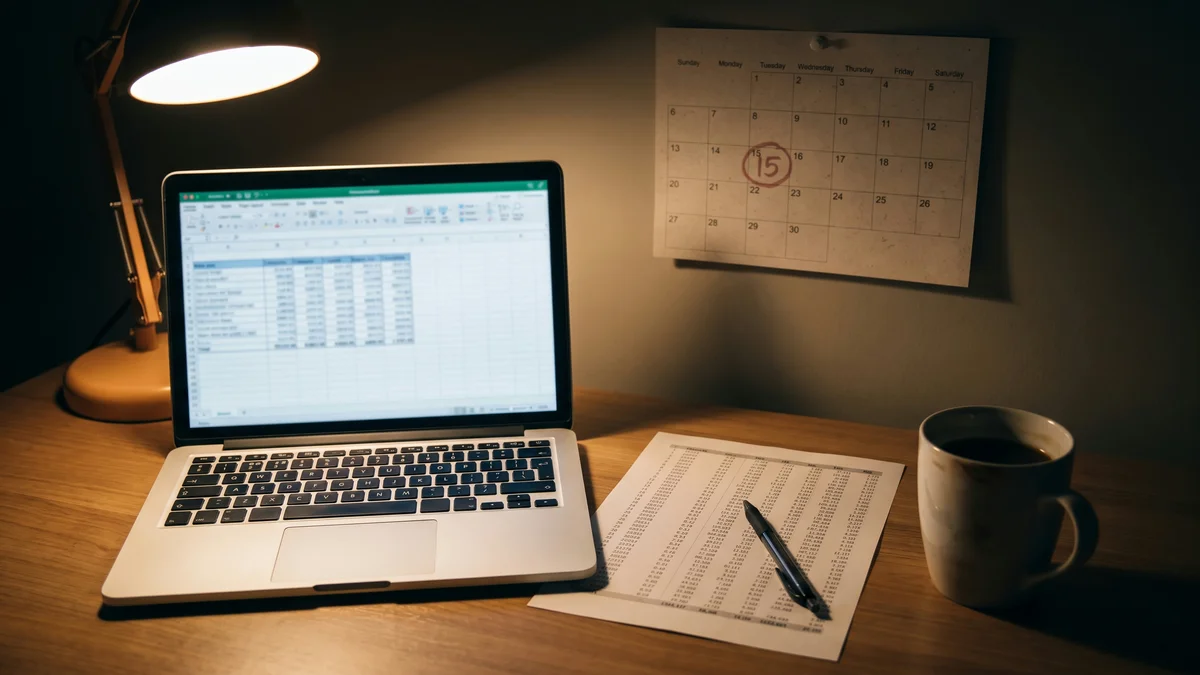 A desk with a laptop showing a spreadsheet, a printed one-page revenue memo, a coffee cup, and a wall calendar with November circled, in warm evening light