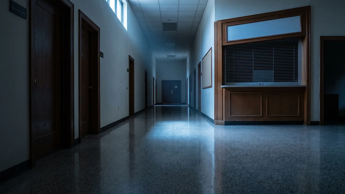 A closed and darkened government office corridor with an empty inspection counter, a vacant permit window, and an unlit sign panel, lit by one narrow band of cool daylight