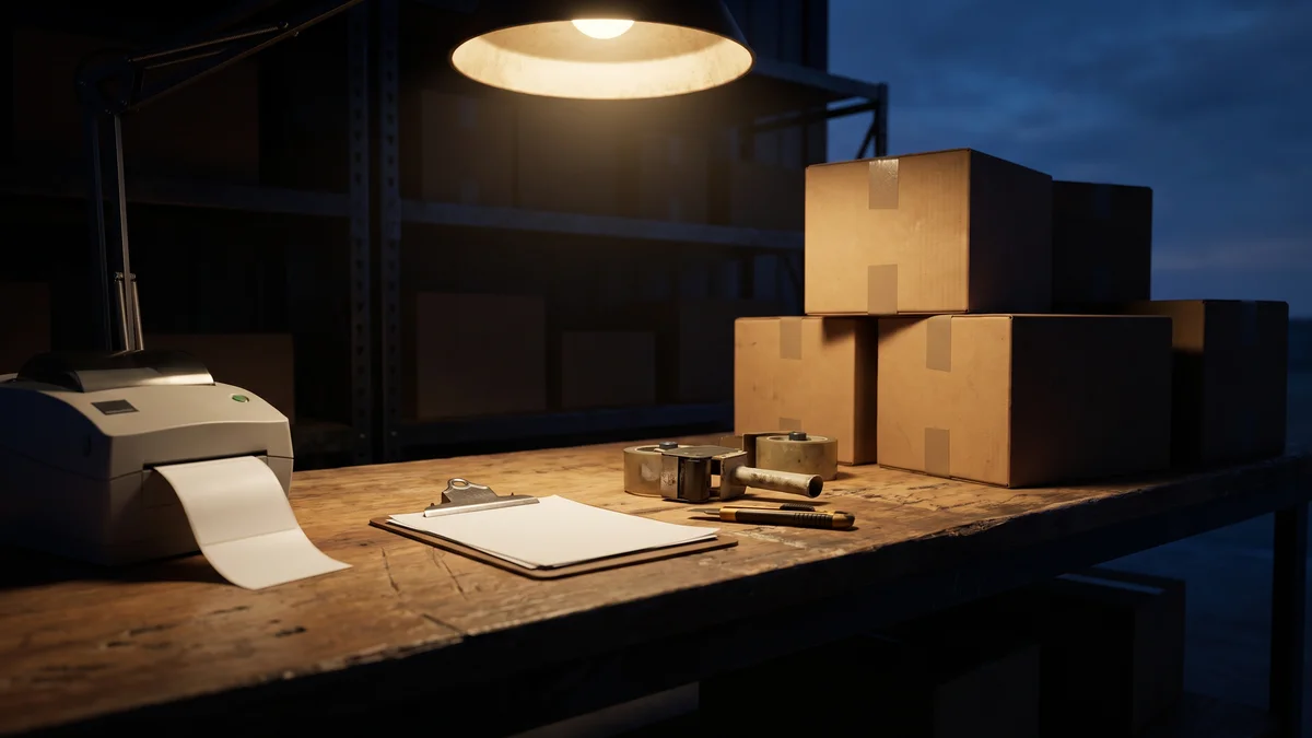 A shipping and fulfillment bench in a small warehouse at night, sealed parcels stacked beside a label printer, a clipboard of forms, and rolls of tape, lit by a single overhead work lamp