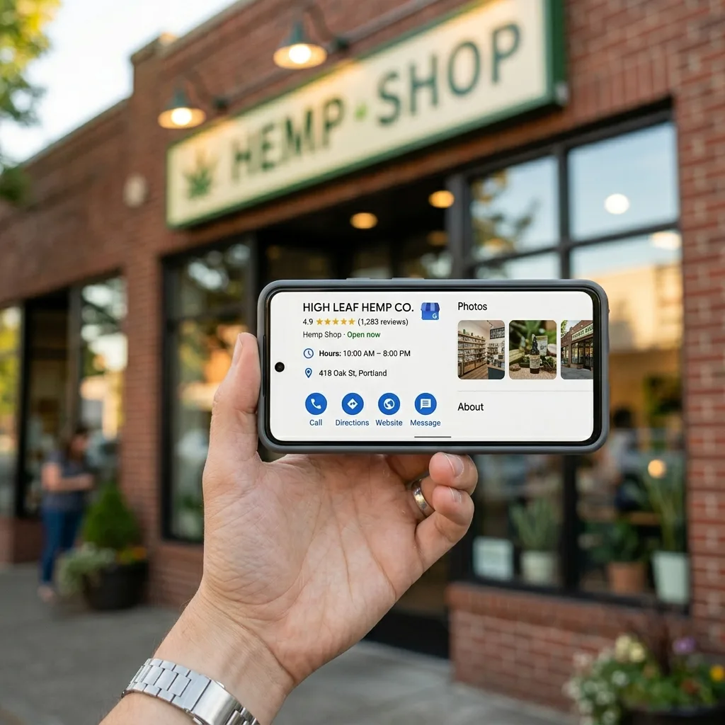 A smartphone in landscape orientation displays a Google Business Profile for a hemp dispensary with a five-star rating and Call and Directions buttons, with the storefront blurred in the background