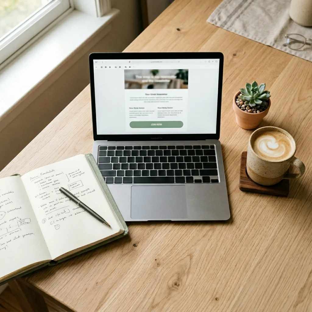 An open laptop displays an email newsletter draft with a green call-to-action button on a wood desk, accompanied by a ceramic latte mug, notebook, and small plant in soft natural light