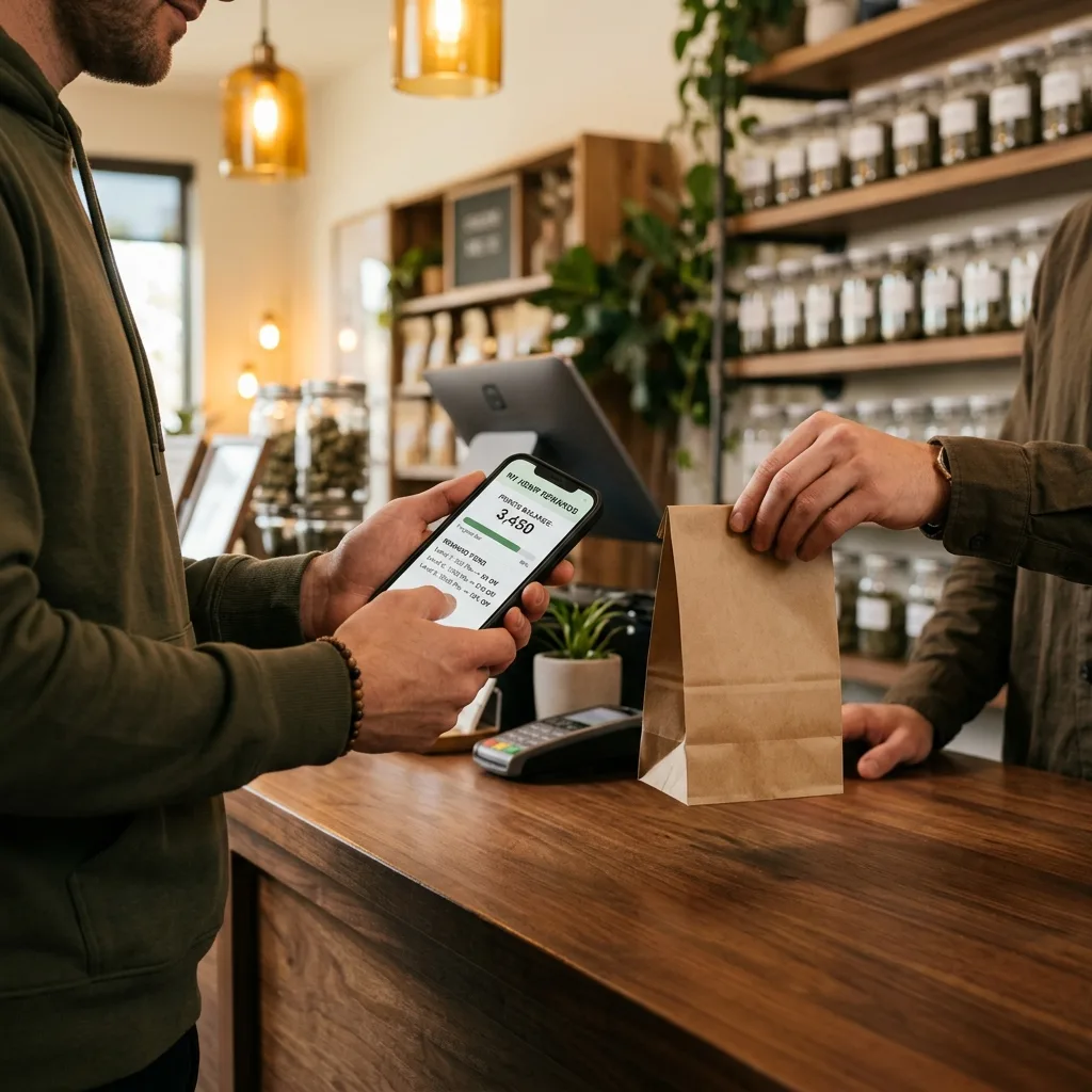 A customer at a hemp dispensary checkout counter holds a smartphone displaying a loyalty rewards app with point balance and tier status, while a budtender hands over a paper bag