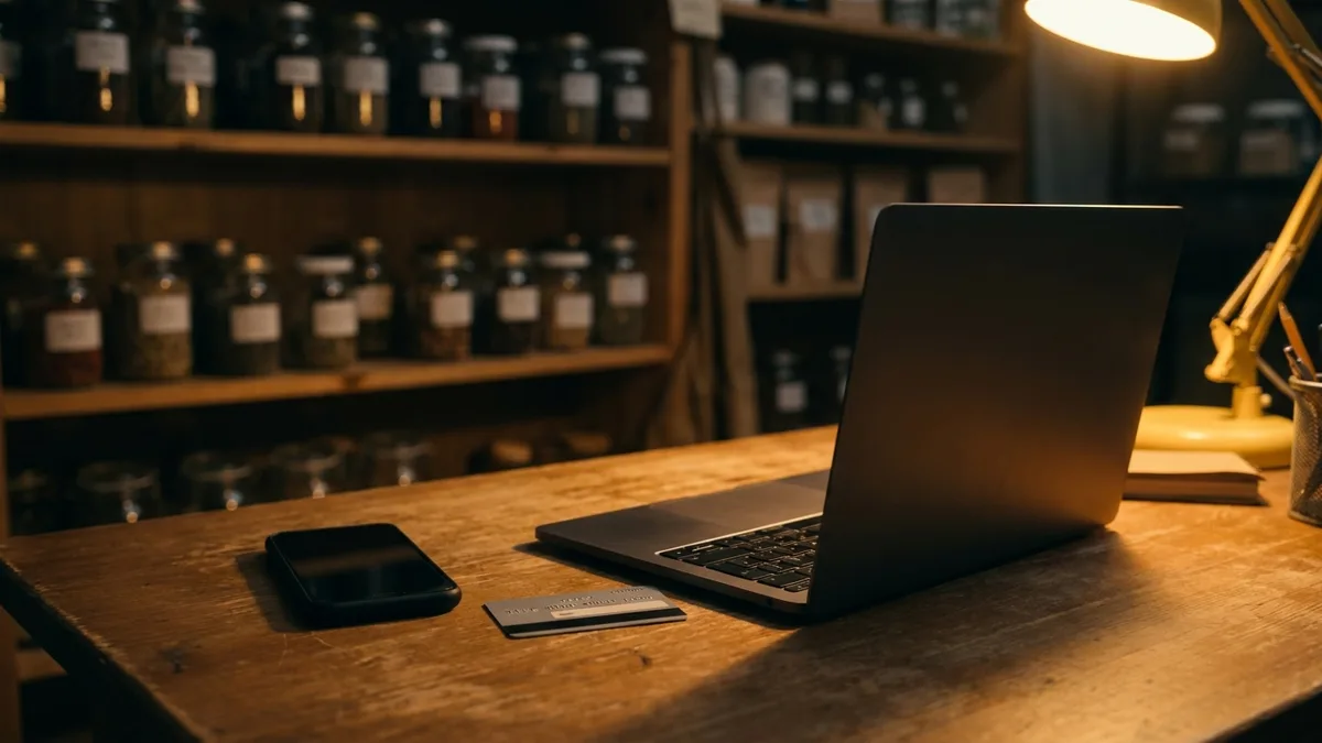 An open laptop, a smartphone lying face down, and a credit card on a wooden desk in the back office of a small shop lined with glass jars