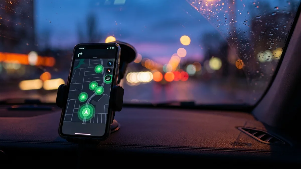 A smartphone mounted on a car dashboard at dusk showing a street map with several glowing green location pins