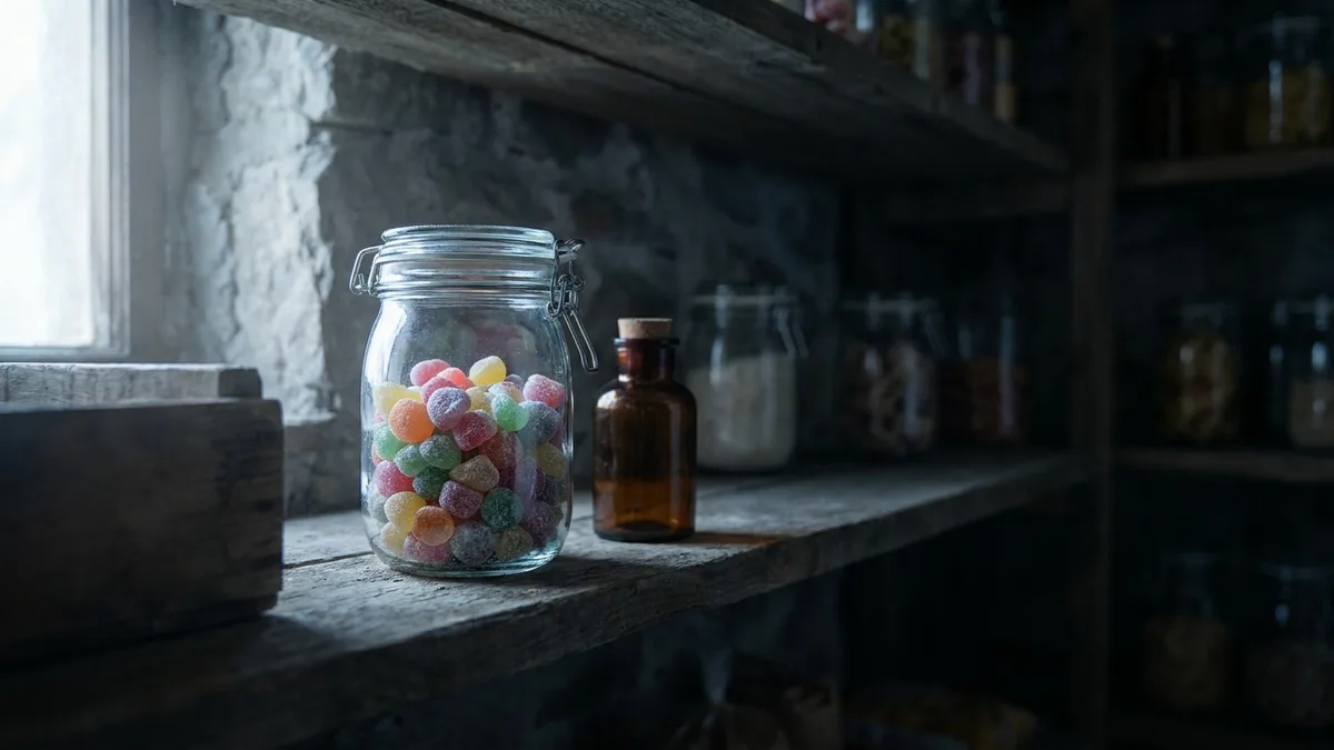 An airtight glass jar of colorful gummies on a dim pantry shelf beside a small amber glass bottle
