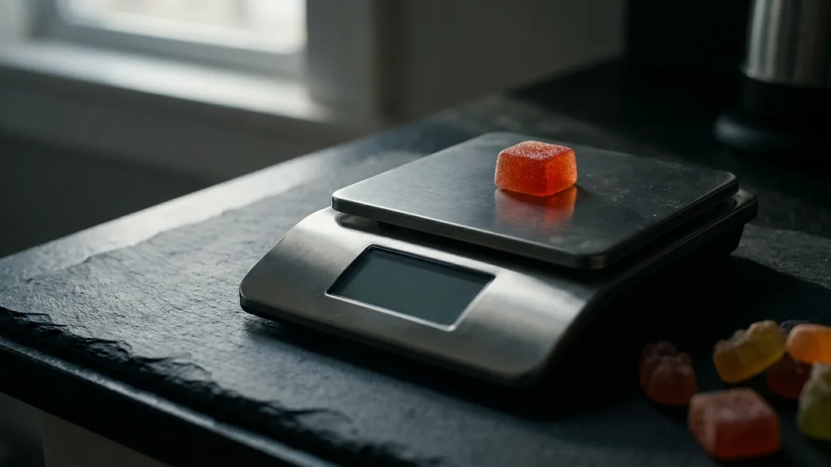A single gummy resting on a digital kitchen scale on a dark slate counter, with more gummies beside it