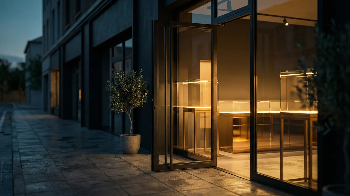 Welcoming entrance of a modern dispensary with warm interior light spilling onto the sidewalk