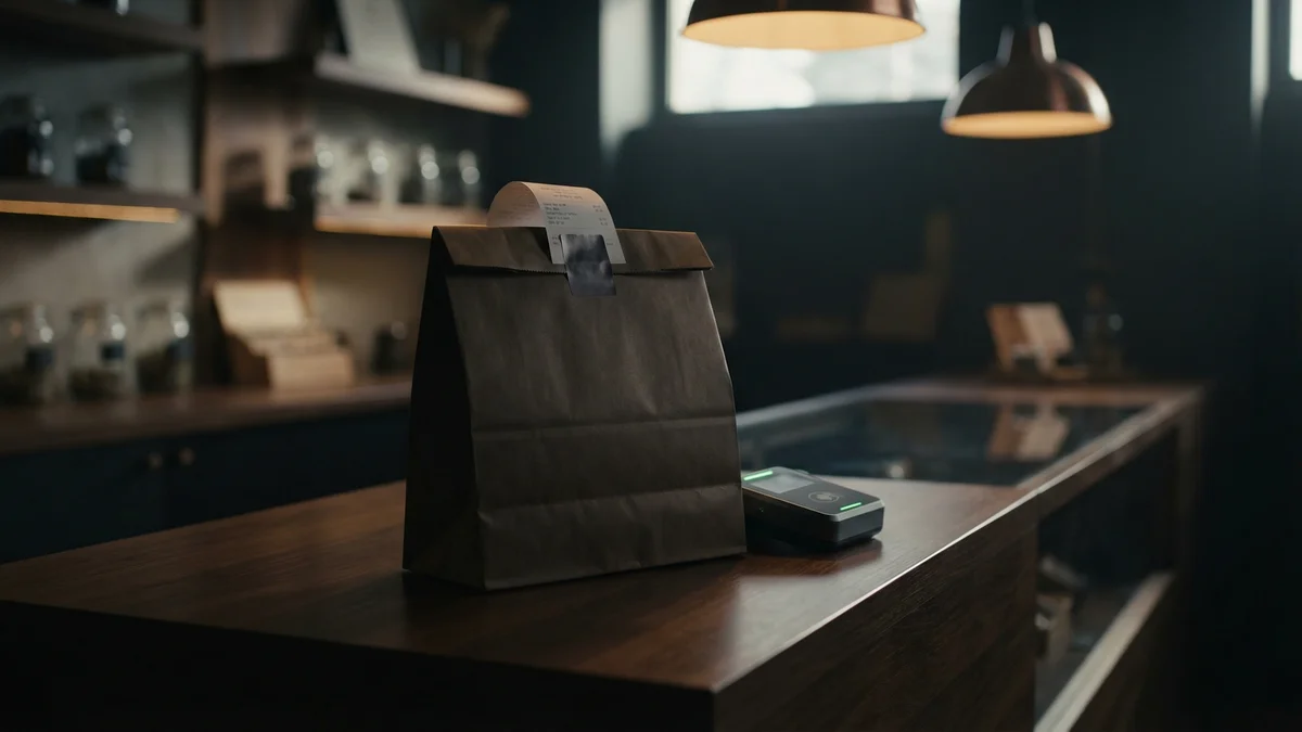 A dispensary checkout counter with a shopping bag, card reader, and receipt