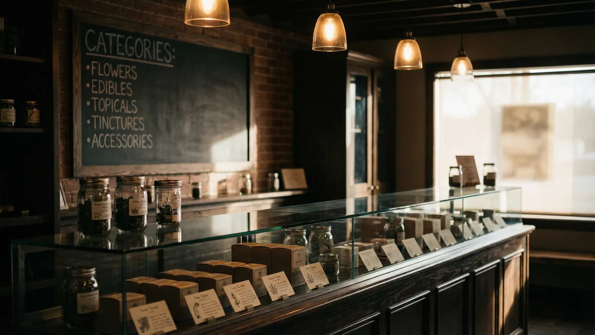 A friendly dispensary interior with educational signage and organized product displays