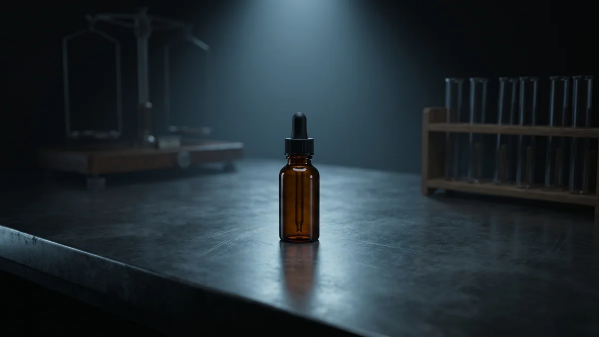 A single small amber dropper bottle standing alone under a narrow overhead light on a dark laboratory bench, with an out-of-focus analytical balance behind it and the rest of the frame falling away into shadow