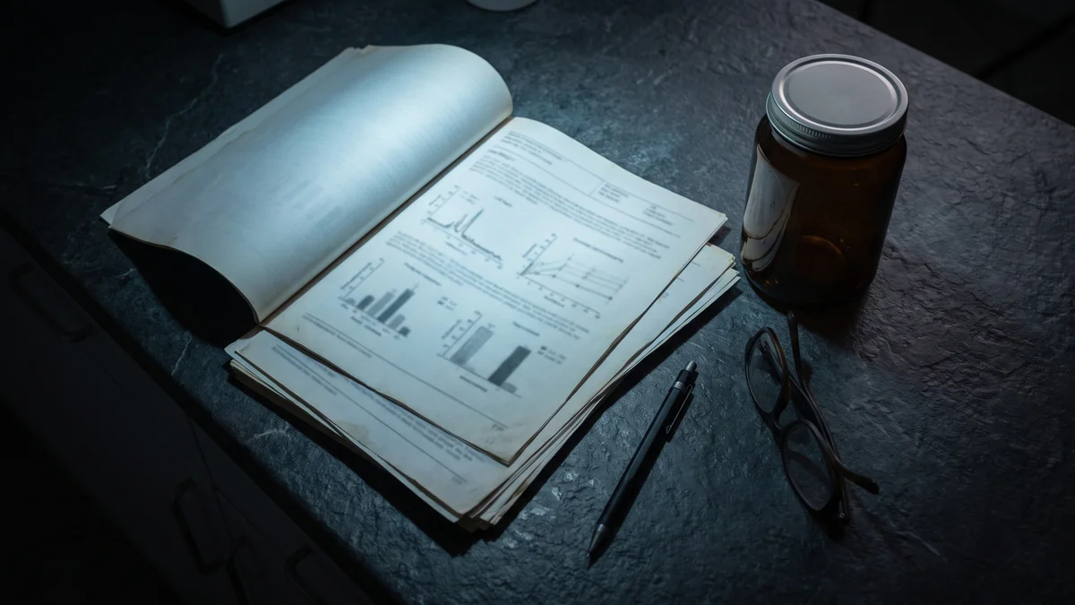 A hemp product certificate of analysis lying open on a dark counter beside a sealed amber jar, a single pool of cool light falling across the potency table while the rest of the frame stays in shadow