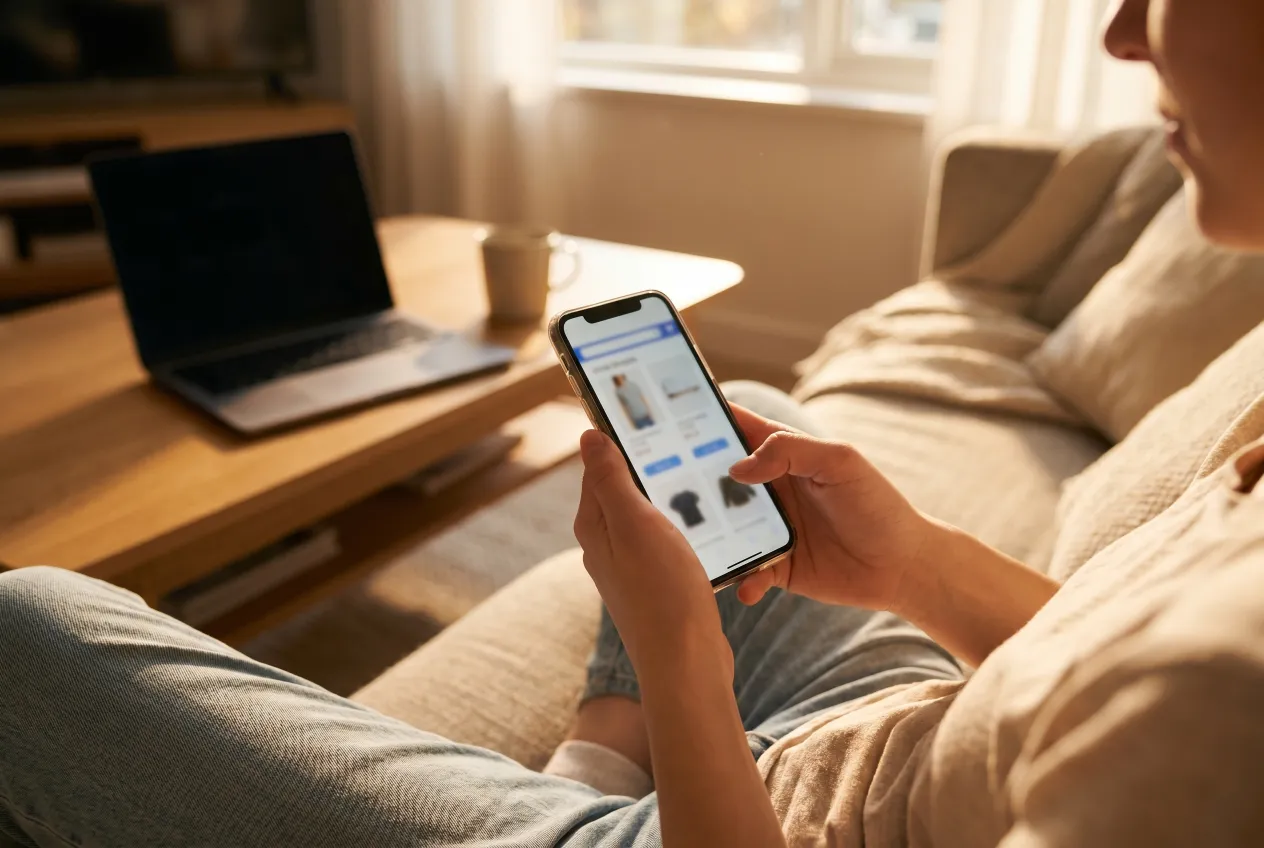 A person relaxing on a sofa at home browsing an online hemp menu on a smartphone before placing a delivery order
