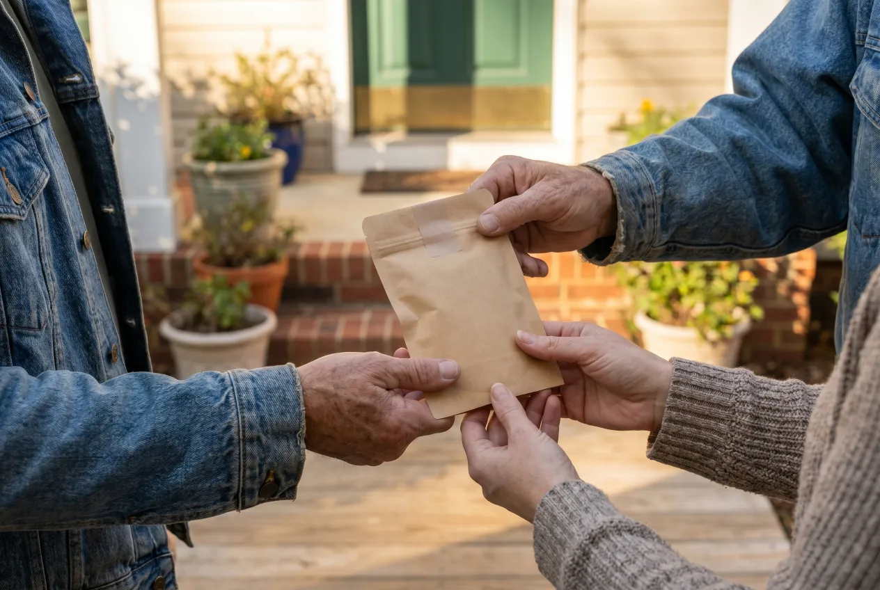 A hemp delivery courier handing a small sealed, discreet package to a customer at a suburban North Carolina doorstep