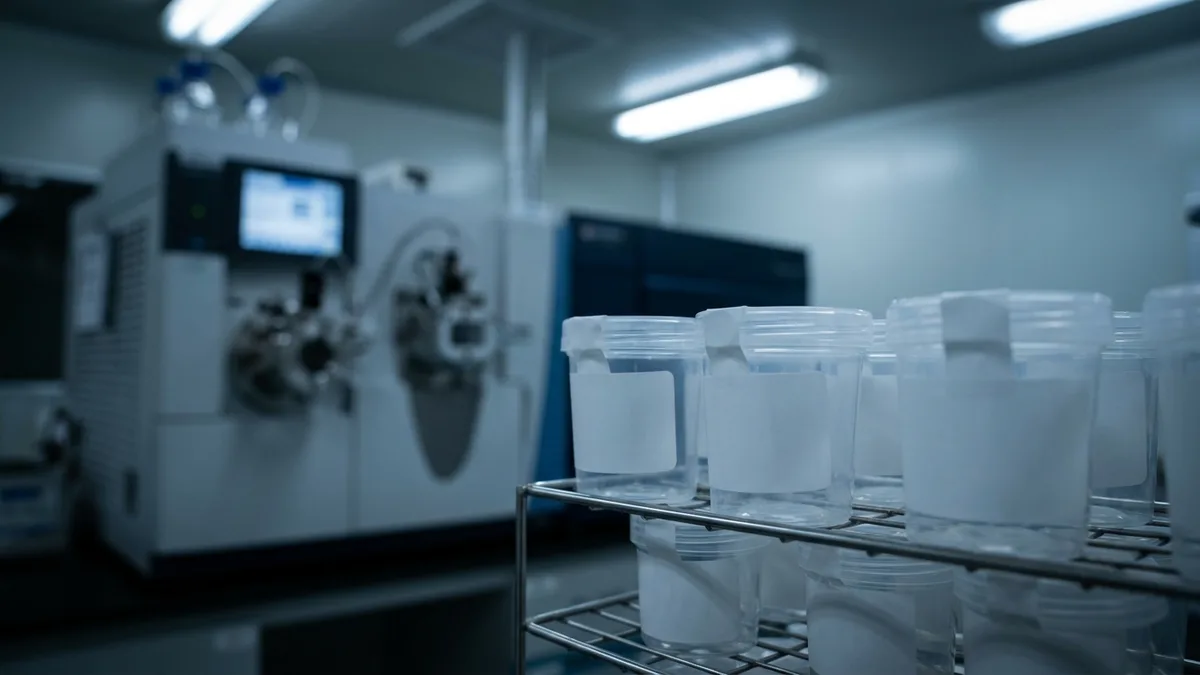 Sealed specimen sample cups in a rack inside a clinical laboratory, with a mass spectrometry instrument in the background