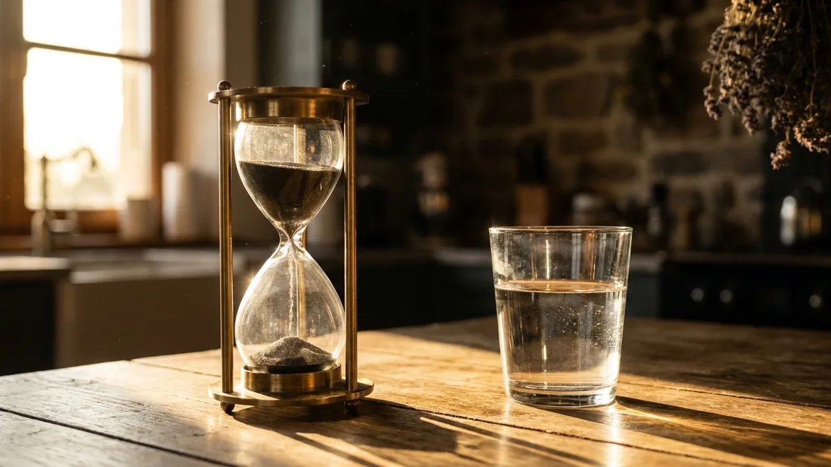 An hourglass with sand running through it beside a glass of water on a wooden kitchen table