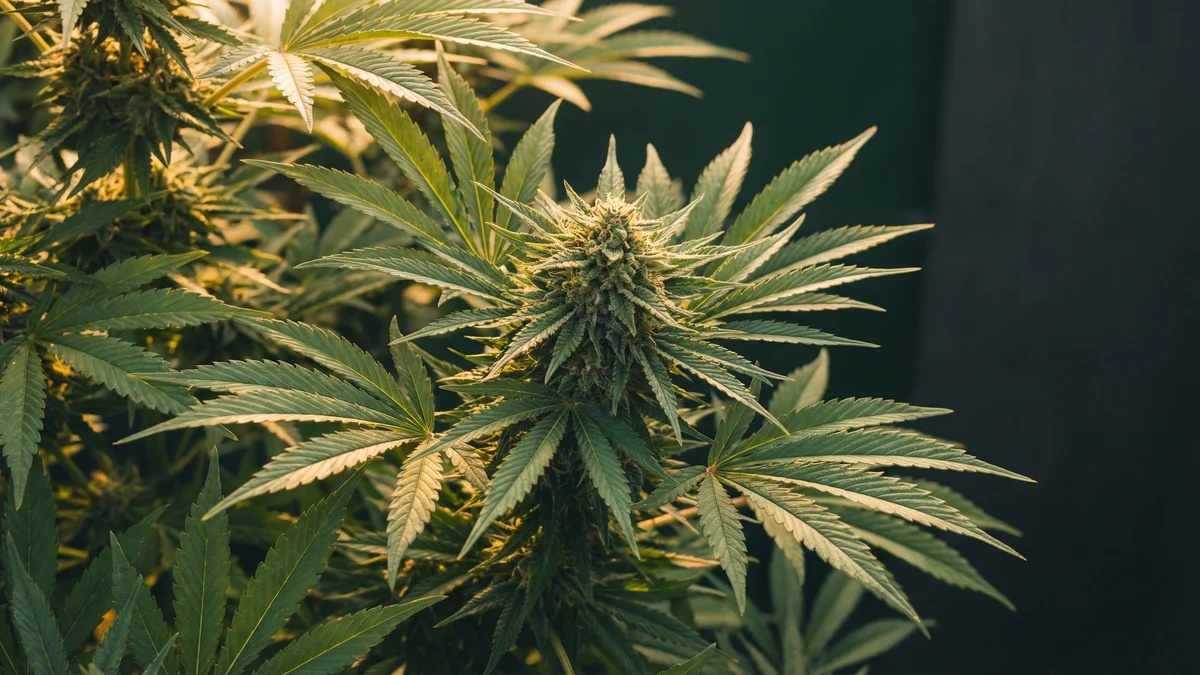 Cannabis hemp plant with detailed fan leaf structure in natural light