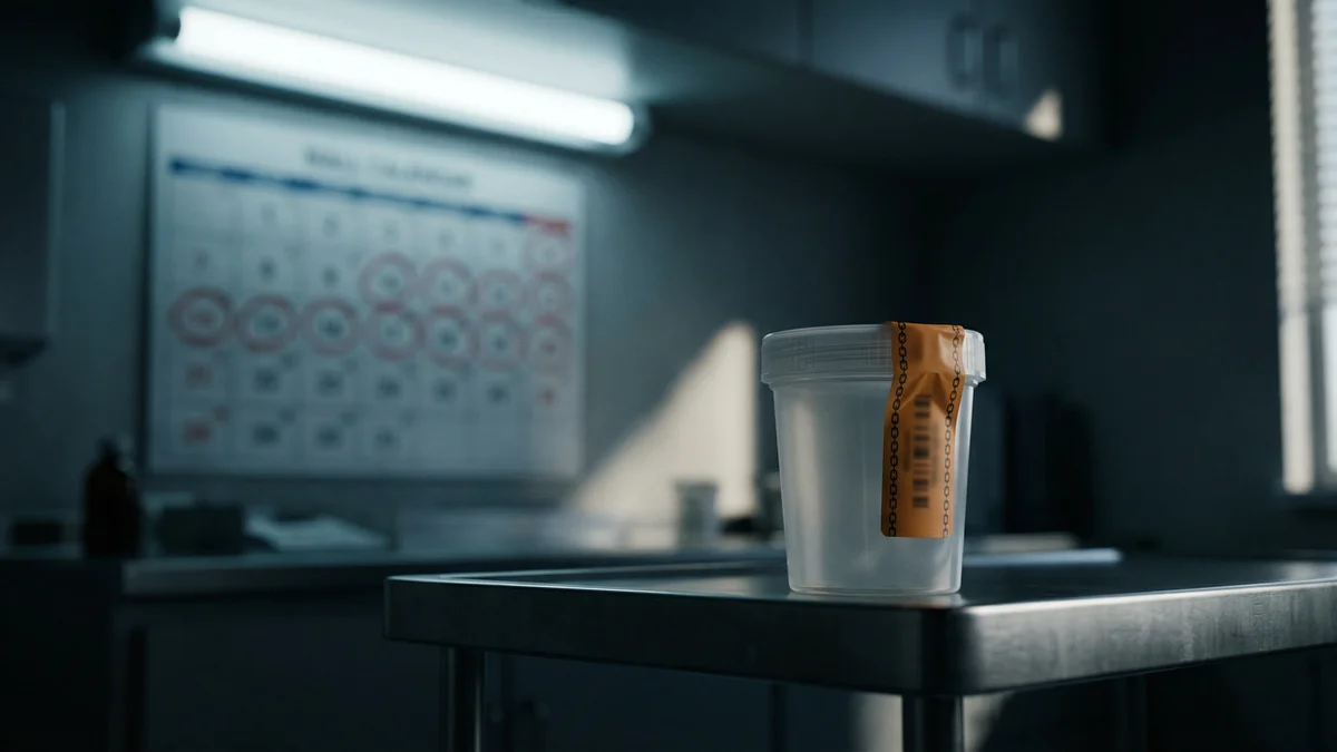 A sealed drug test specimen cup on a clinical lab counter with a calendar in the background