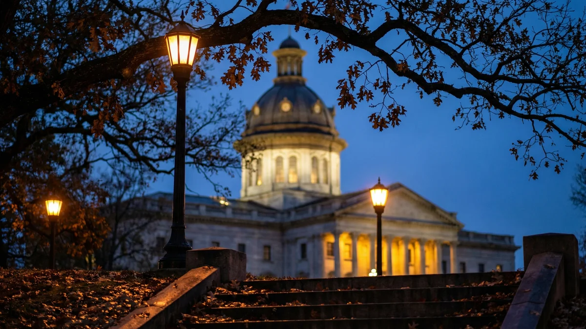 The North Carolina State Capitol building viewed through tree branches at dusk