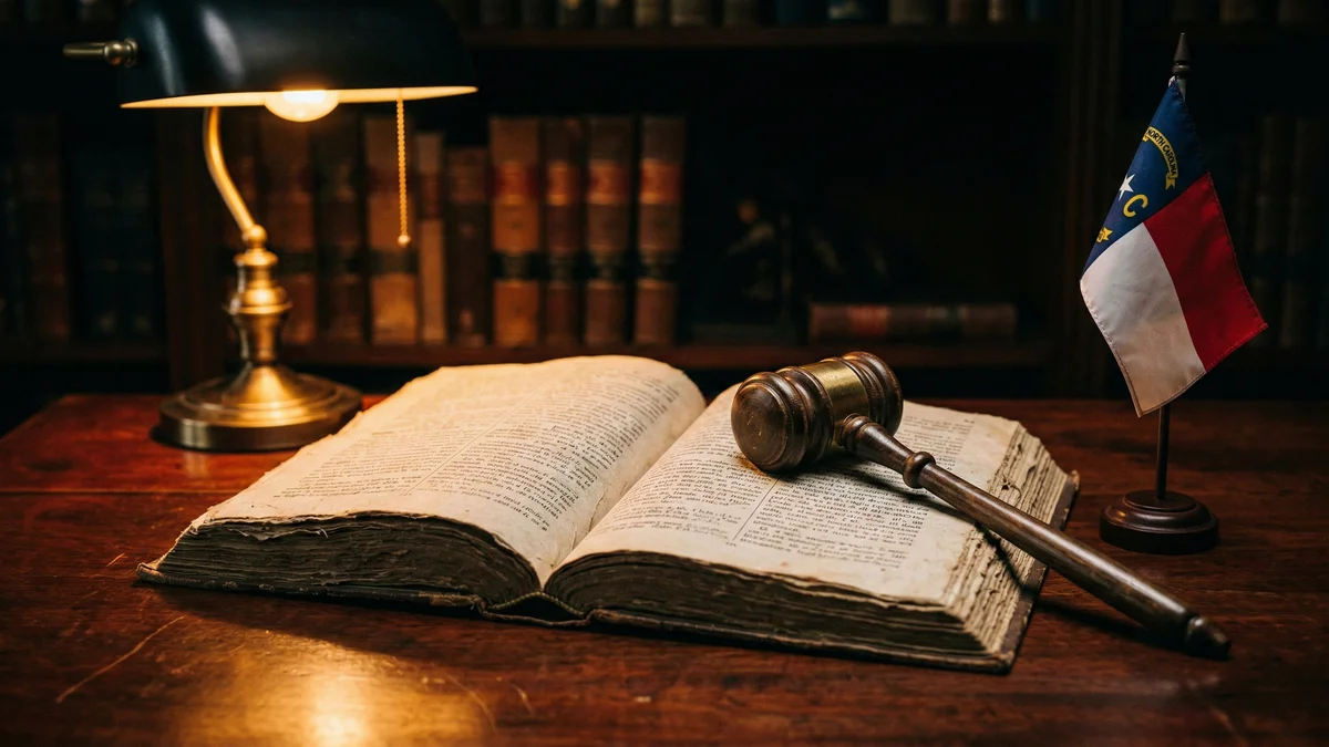 Open hemp law book with a brass gavel on a polished mahogany desk beside a North Carolina state flag