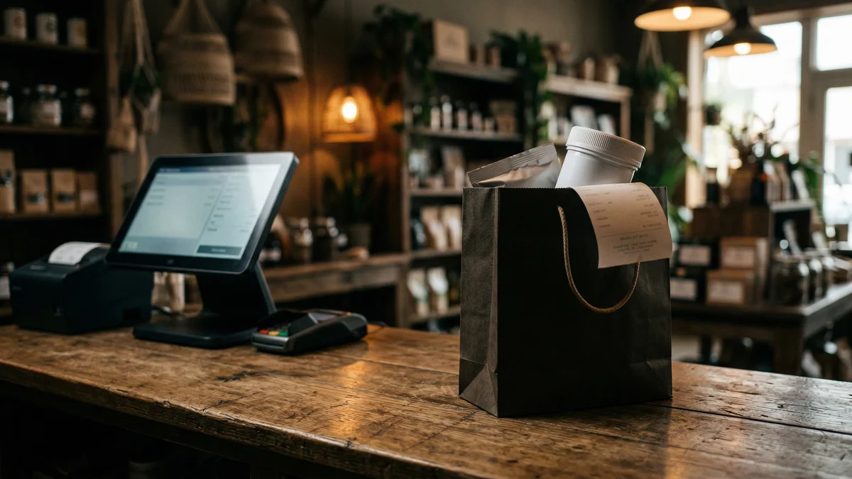 Dispensary shopping bag with receipt and sealed product on a wooden counter with point-of-sale terminal