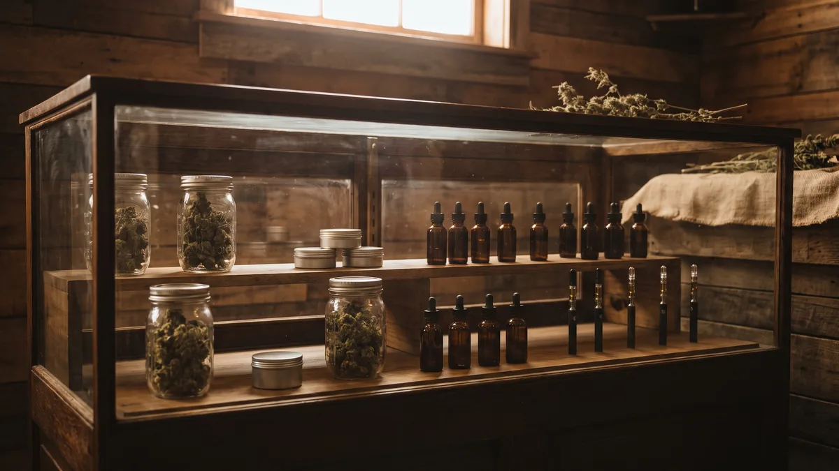 A glass display case holding jars of hemp flower, small tins, tincture bottles, and vape cartridges