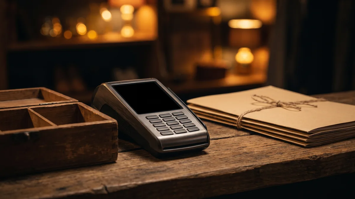 A card payment terminal beside an open wooden cash tray and a stack of twine-tied folders on a store counter