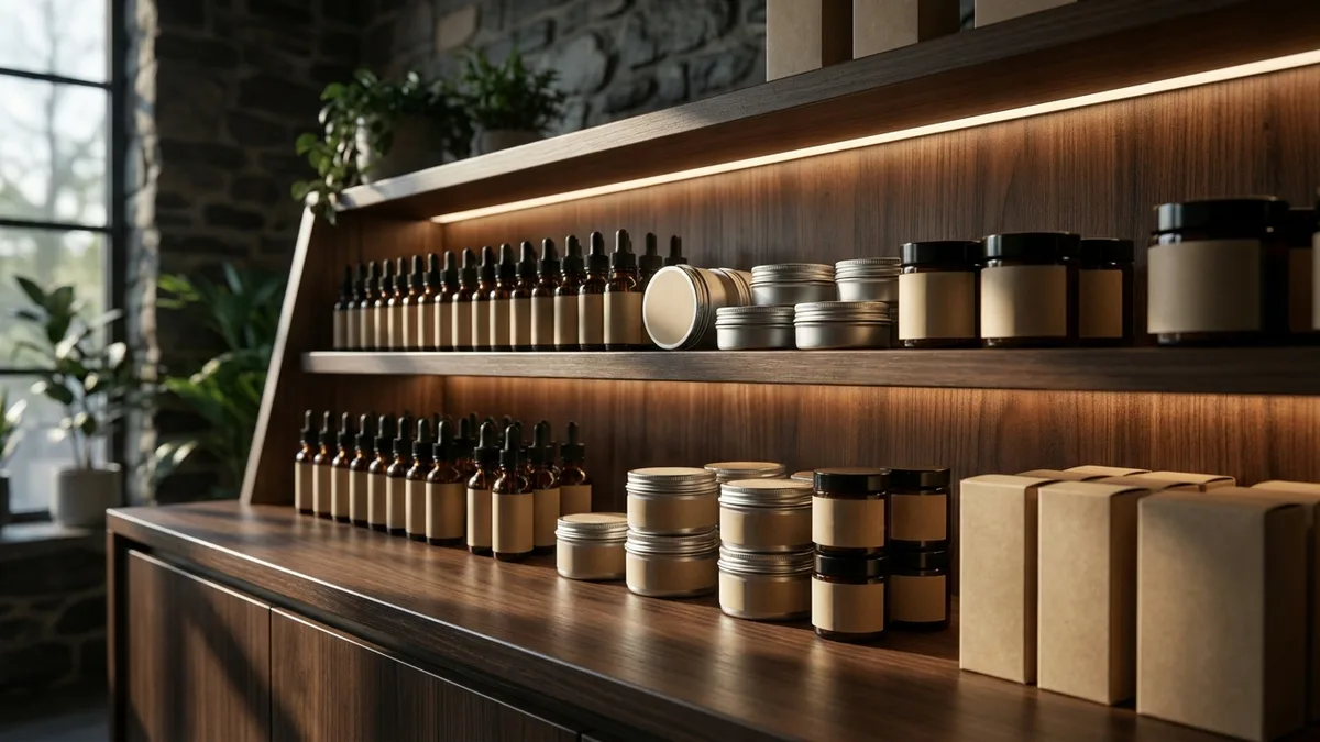 A tidy wooden retail shelf stocked with sealed CBD tincture bottles, topical cream tins and jars, and boxed products