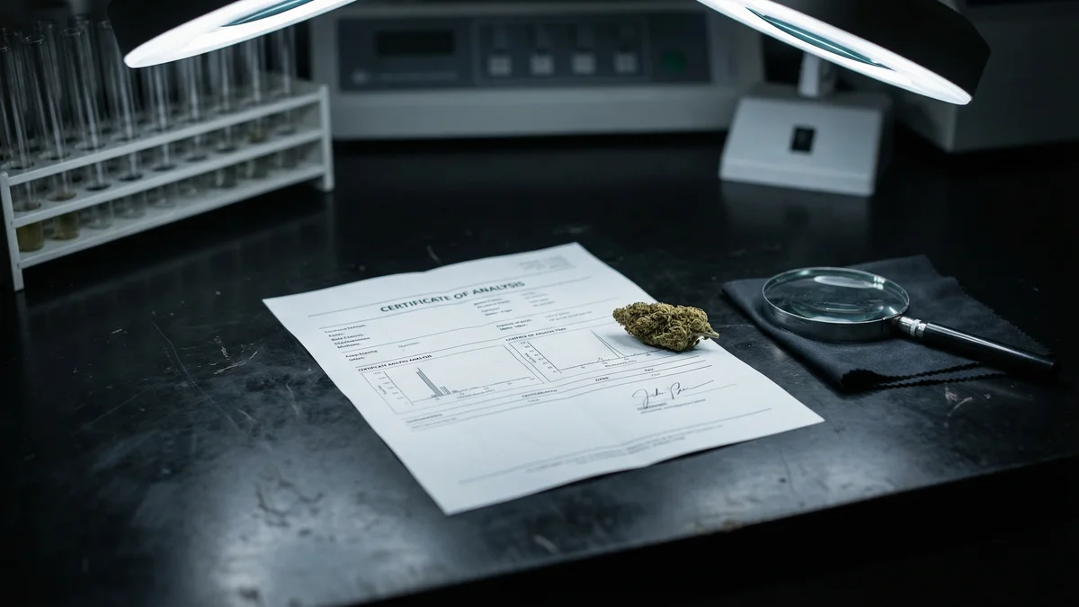 A printed lab report on a dark bench with a hemp bud and magnifying glass