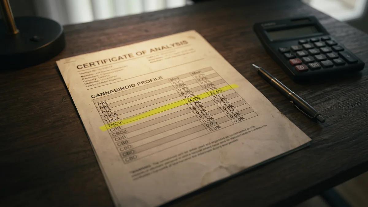 A close-up of a COA cannabinoid results table with a finger pointing at the THCa percentage
