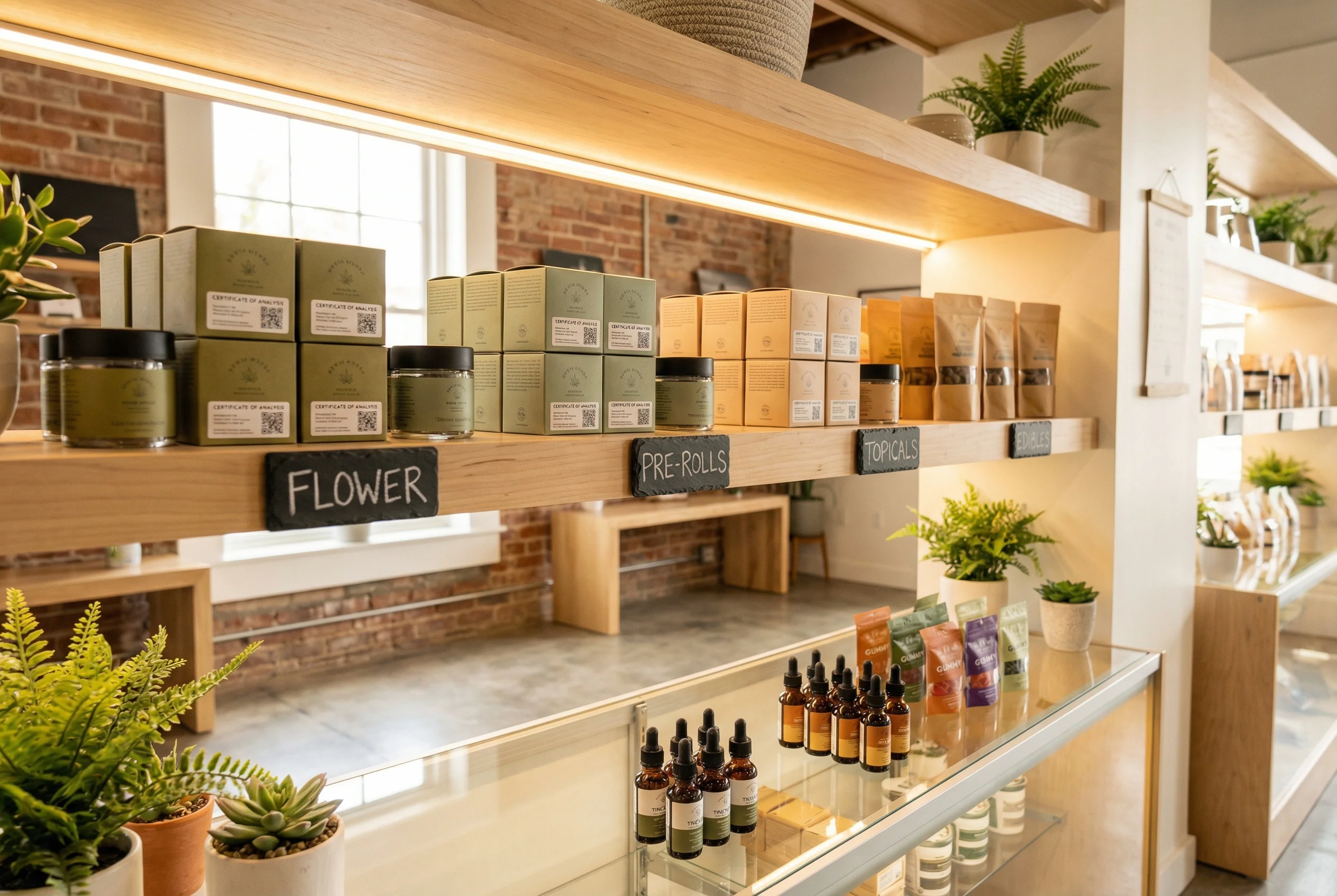 Unregulated hemp products on a gas station shelf contrasted with a proper dispensary display