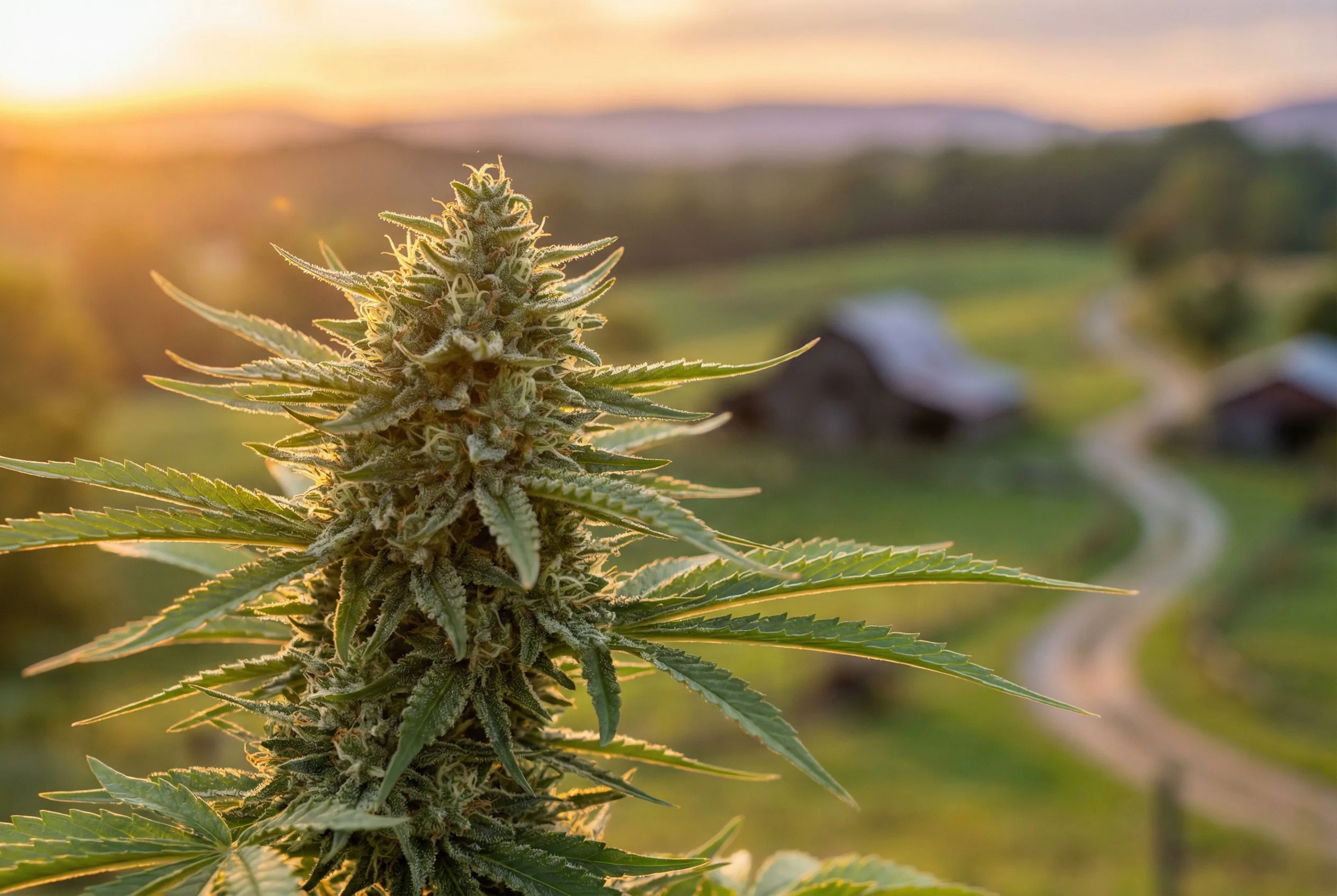 A hemp plant growing in the North Carolina countryside with rolling green hills in the background