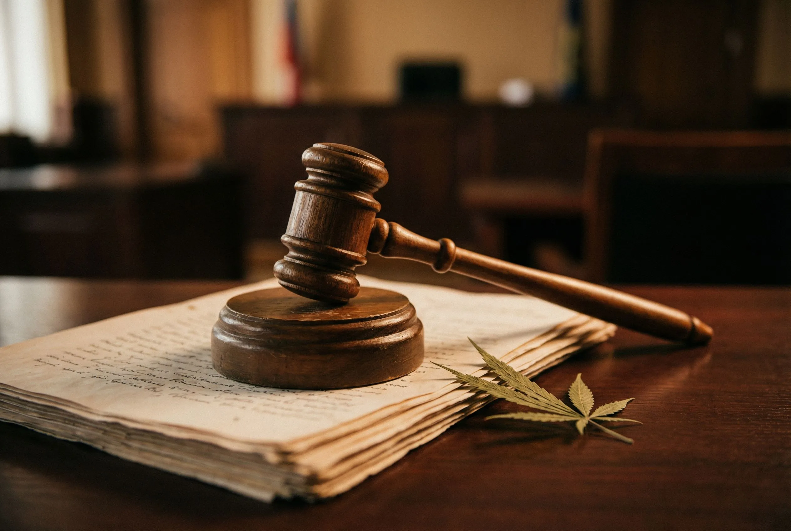 A judge's gavel resting beside a cannabis leaf on a dark wooden desk in dramatic side lighting