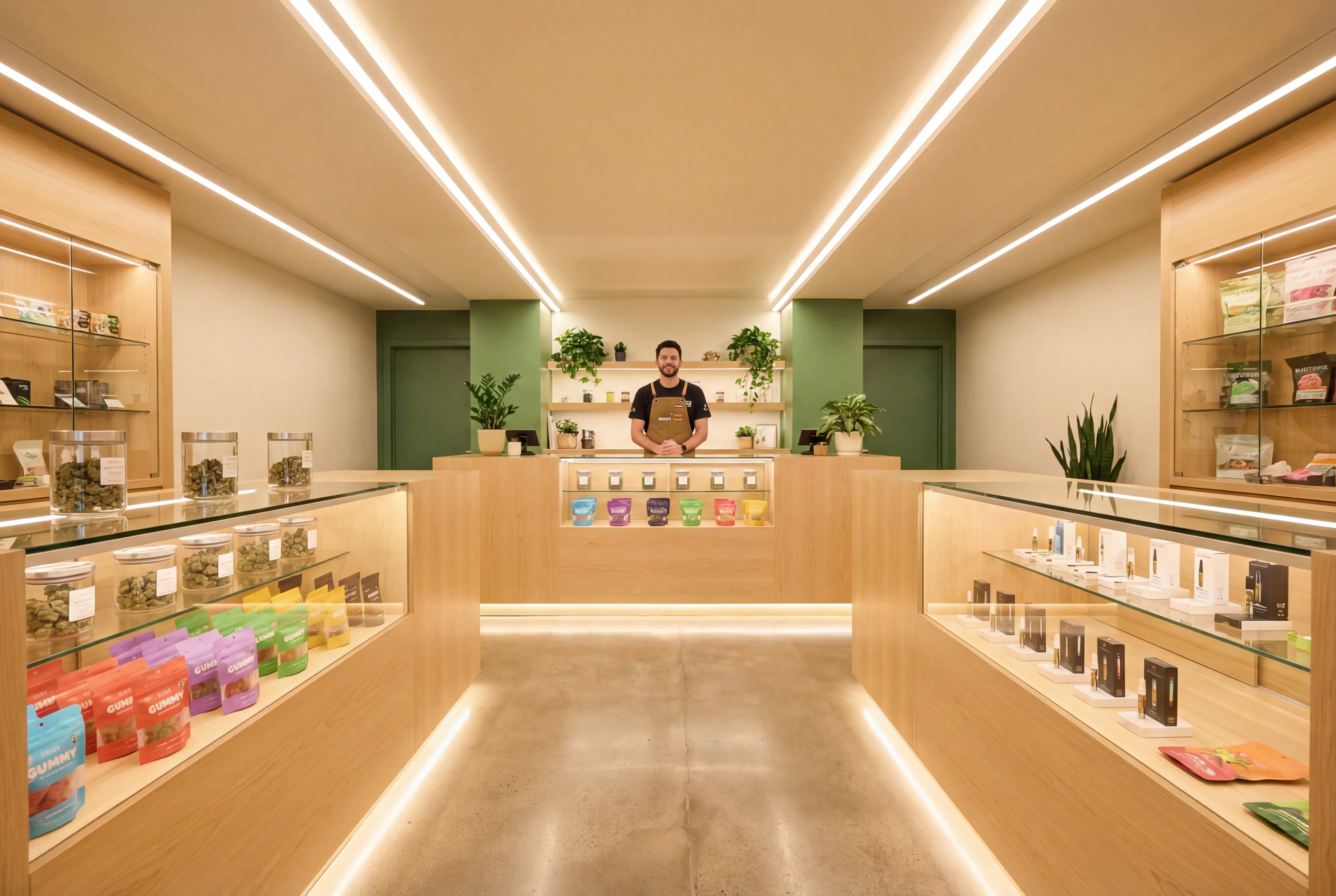 Interior of a modern hemp dispensary with glass display cases showing organized cannabis products