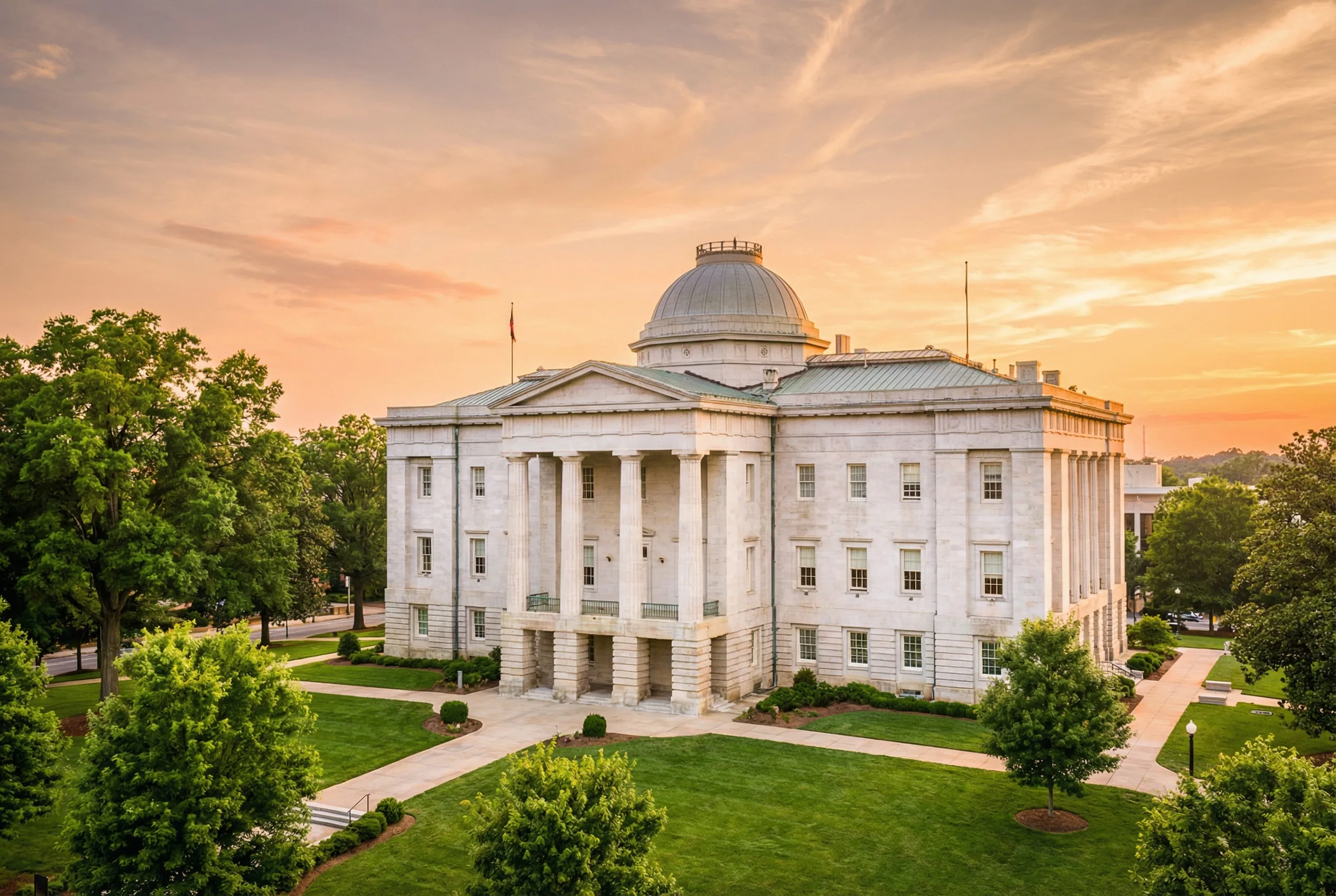The North Carolina State Capitol building in Raleigh at golden hour with green trees and lawn in the foreground
