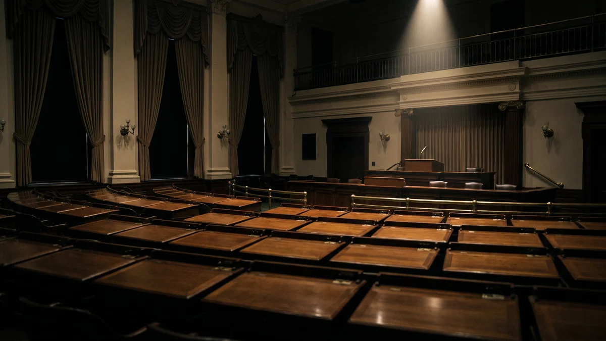 An empty wood-panelled legislative chamber at night, rows of vacant desks receding toward a raised dais, a single overhead light burning above the empty podium