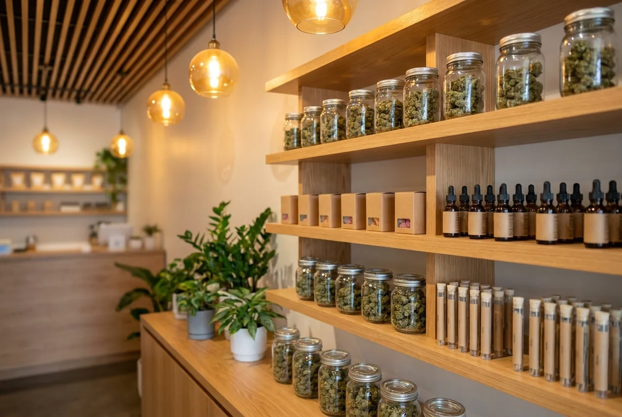 Interior of a modern hemp dispensary in North Carolina with glass jars of THCa flower, gummies, and CBD oil displayed on warm wooden shelves
