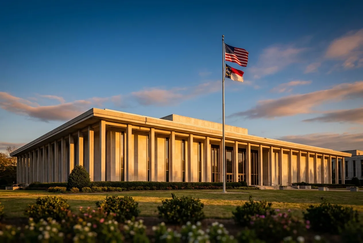The North Carolina State Legislative Building in Raleigh photographed at golden hour, with the American flag and North Carolina state flag flying in the foreground