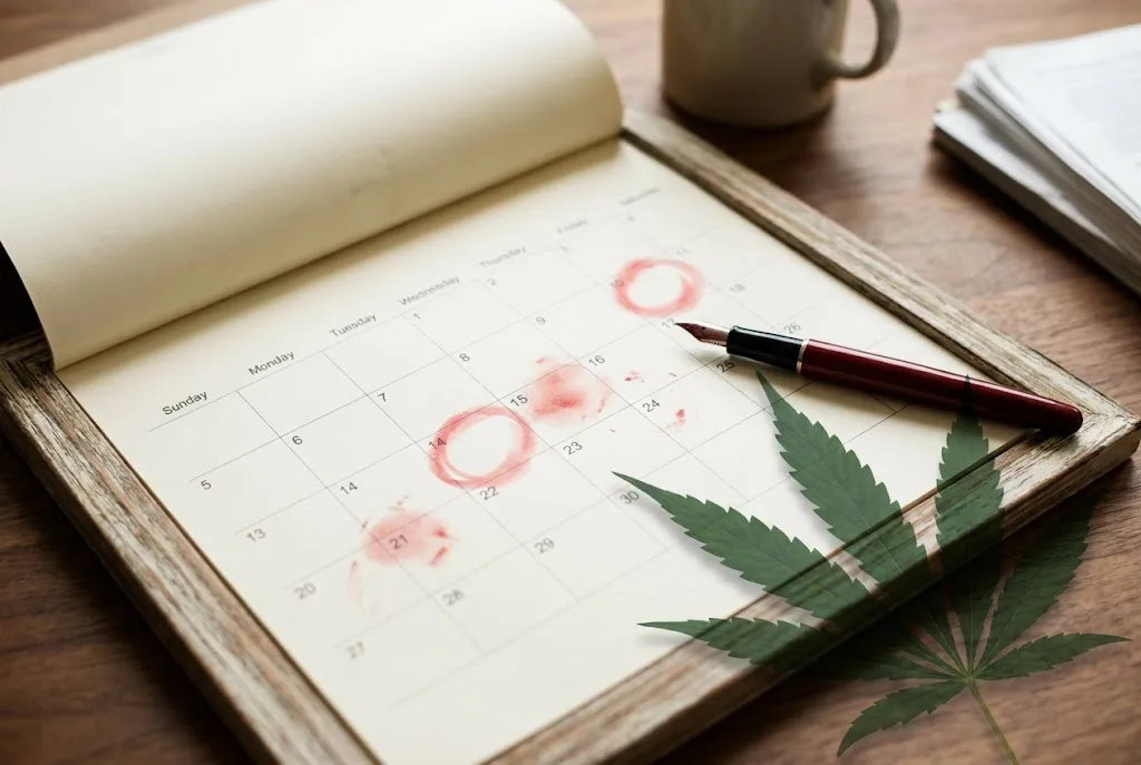 A desk calendar with several dates circled in red ink, a fountain pen resting beside it, and a soft hemp leaf overlay suggesting upcoming policy deadlines