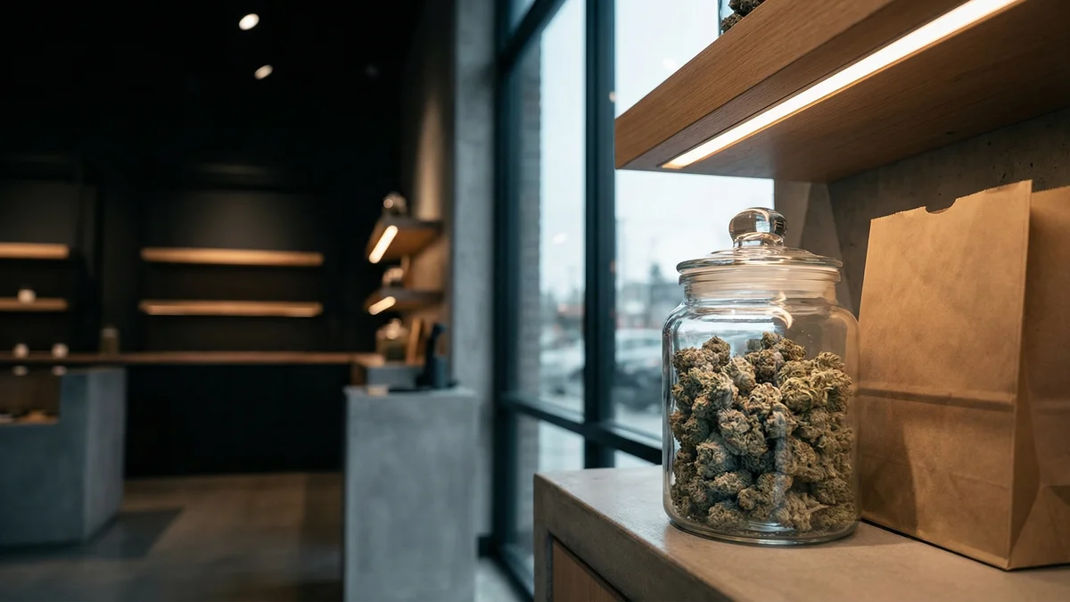 Cannabis flower buds displayed in a clear glass jar on a dispensary shelf