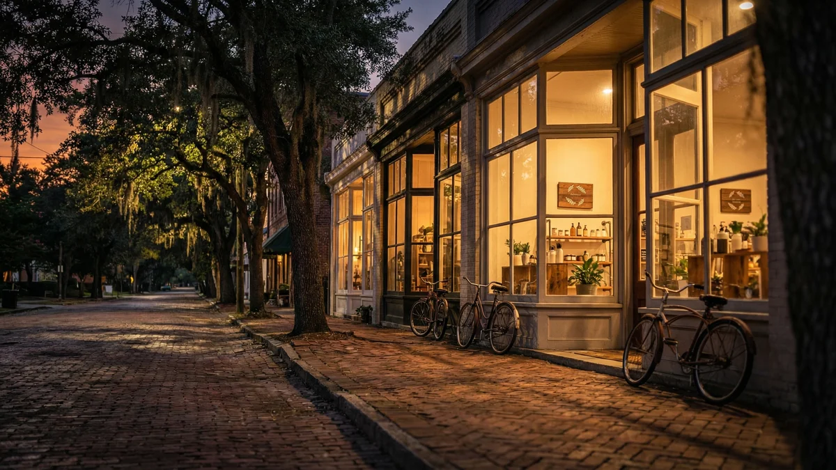 Row of hemp dispensary storefronts on a tree-lined downtown street at golden hour