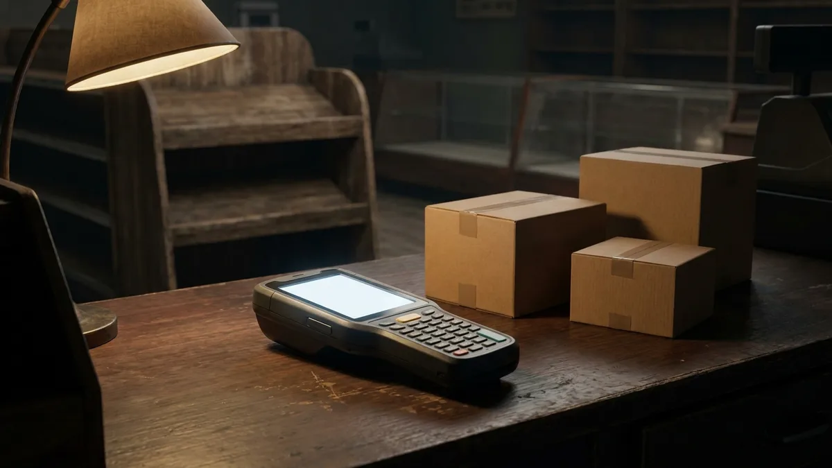 A handheld ID scanner on a dark wooden dispensary checkout counter beside sealed product boxes
